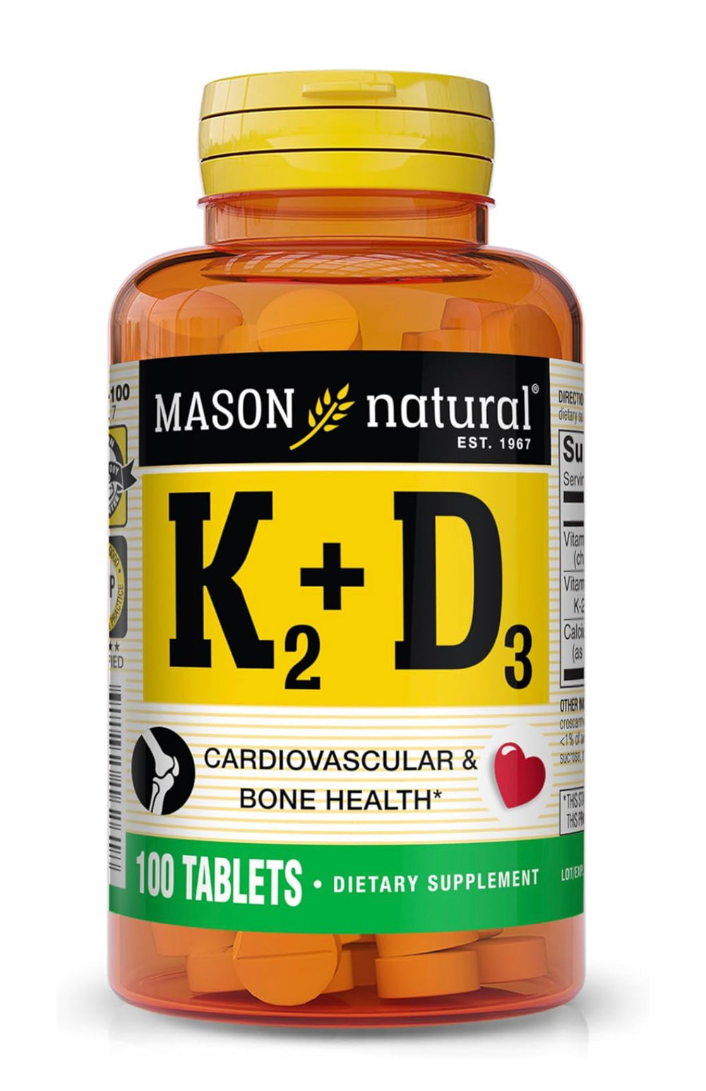 MASON NATURAL Vitamin K2 + D3, 100-Day Supply, with Calcium for Normal Bone and Muscle Support, Tablets 300+ bought in past month DLC: 08/2027