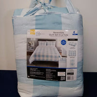 
              Reversible Quilt Set in-A-Tote 4 Pieces Full/King Blue/White Checker
            