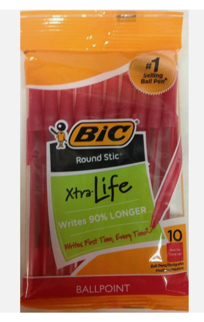 Stylos rouges BIC Rond Stick Xtra Life, 10 pièces