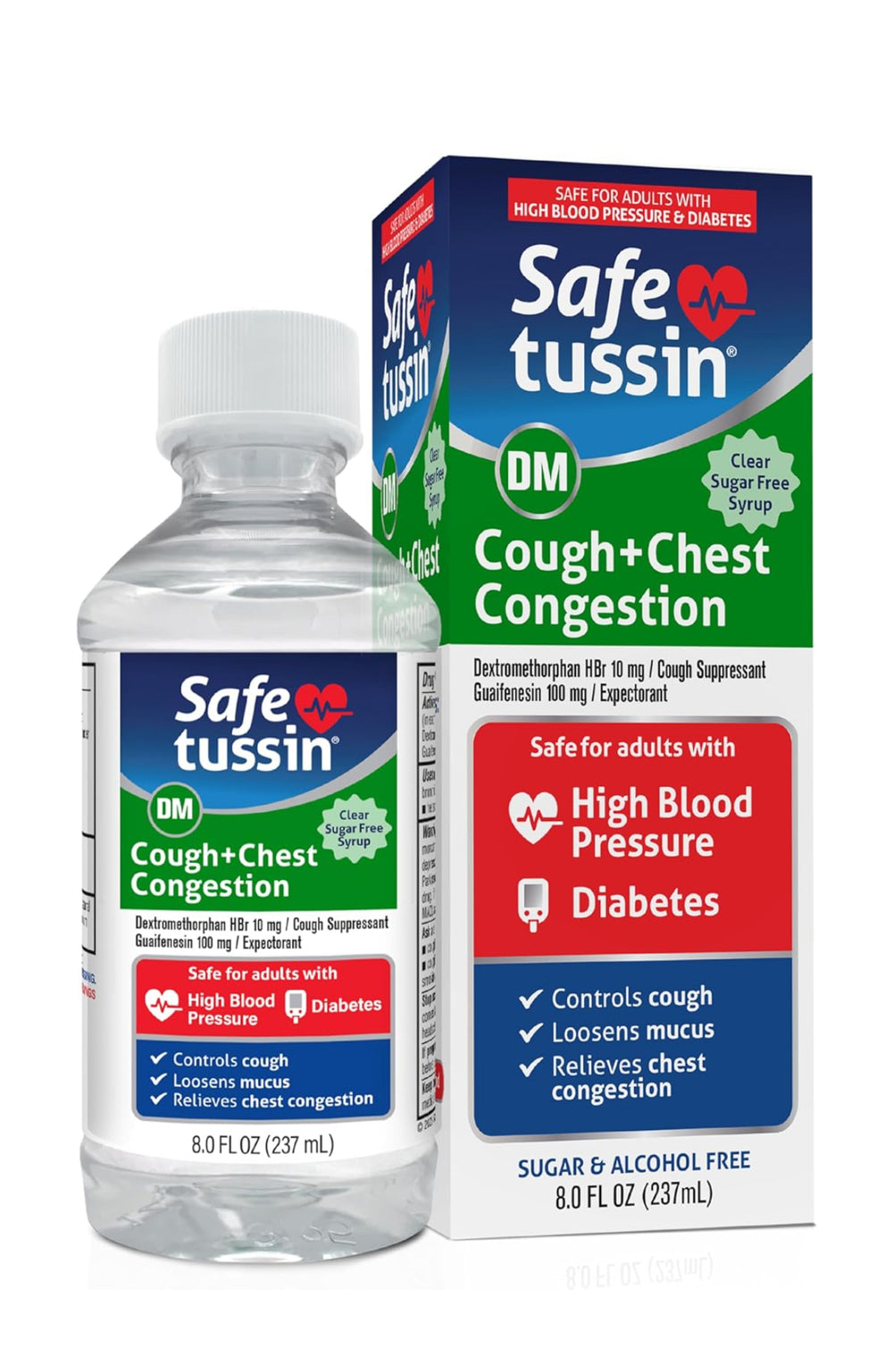 Safetussin DM Cough + Chest Congestion, Safe for Adults with High Blood Pressure & Diabetes, 8 oz