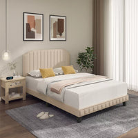 
              Infans Queen Upholstered Bed Frame with linen fabric vertical lines Rivets headboard
            