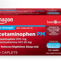 Amazon Basic Care Acetaminophen PM Caplets, Pain Reliever Plus Nighttime Sleep Aid, Extra Strength, Helps Occasional Minor Aches, Pains and Headache Relief, 100 Count,*MCI*