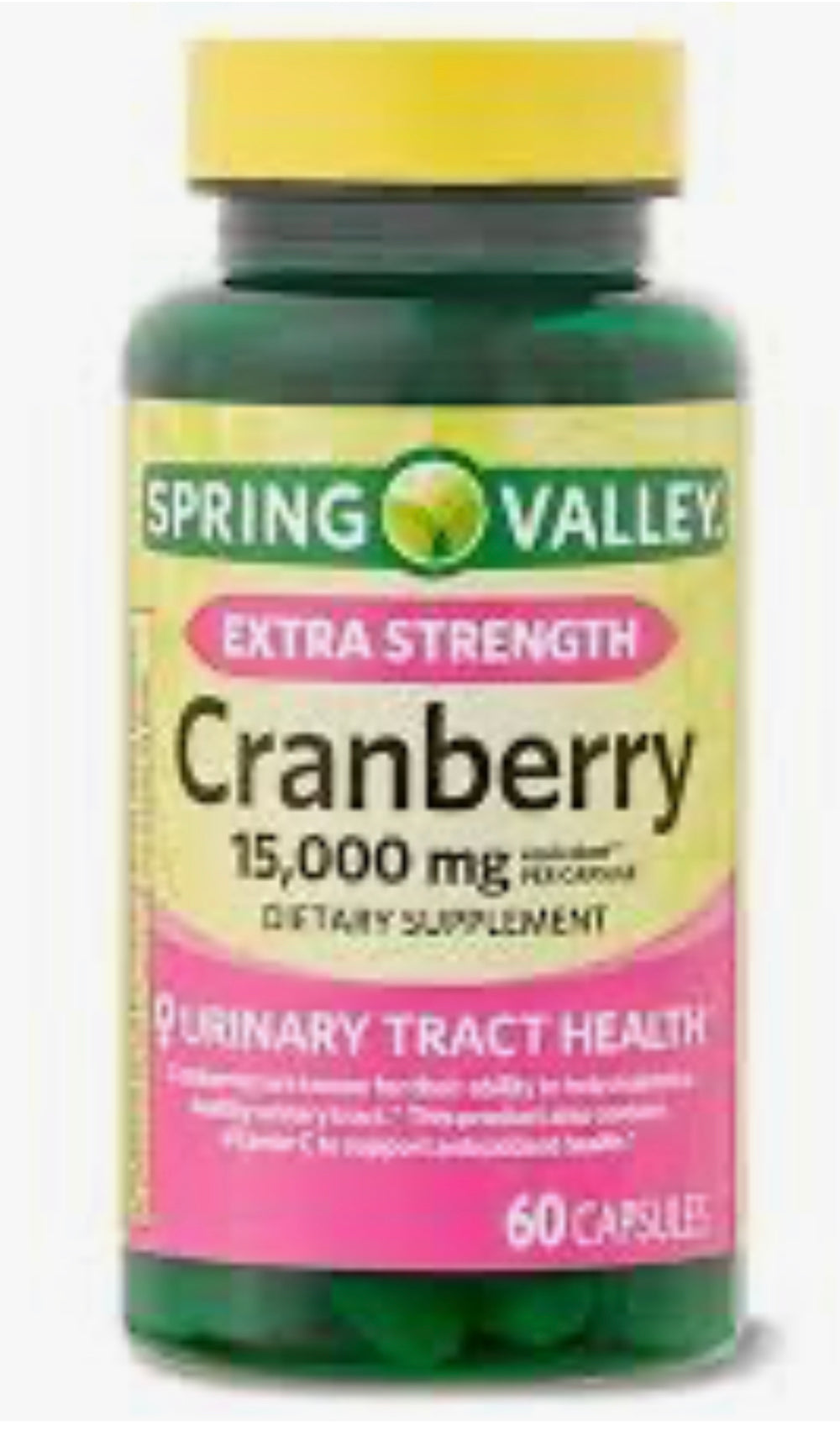 with Spring Valley Extra Strength Cranberry Dietary Supplement Capsules 15 000mg Équivalent Per Capsule 60 Capsules DLC: 04/2027