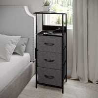 Flash Furniture 3 Fabric Drawer Nightstand with 2 USB Port/1 Outlet Charging Station in Charc/Bk