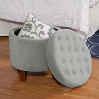 
              Large Round Button Tufted Storage Ottoman Cream - HomePop: Velvet Footstool, Wood Legs
            