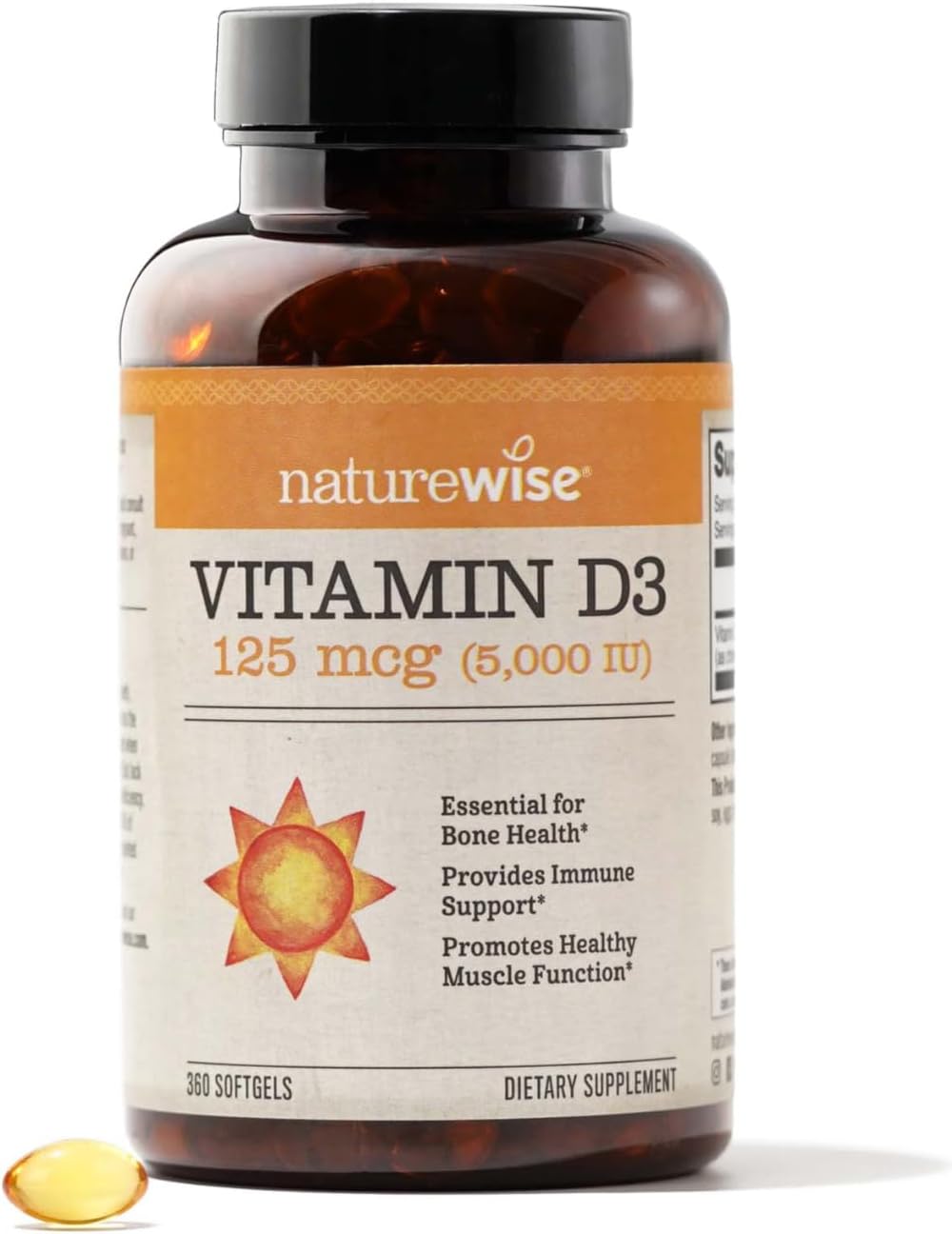 NatureWise Vitamin D3 5000iu (125 mcg) 1 Year Supply for Healthy Muscle Function, and Immune Support, Non-GMO, Gluten Free in Cold-Pressed Olive Oil, Packaging Vary ( Mini Softgel), 360 Count