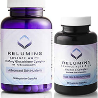 Relumins Advanced White Set - 1650 mg de complexe de glutathion (90 gélules) et de vitamine C avancée avec rose HANCHES et bioflavonoïdes (60 gélules)