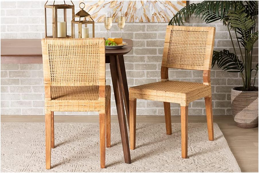 2pc Lesia Rattan and Wood Dining Chair Set Natural/Walnut - bali & pari: Mango Frame, No Assembly Required