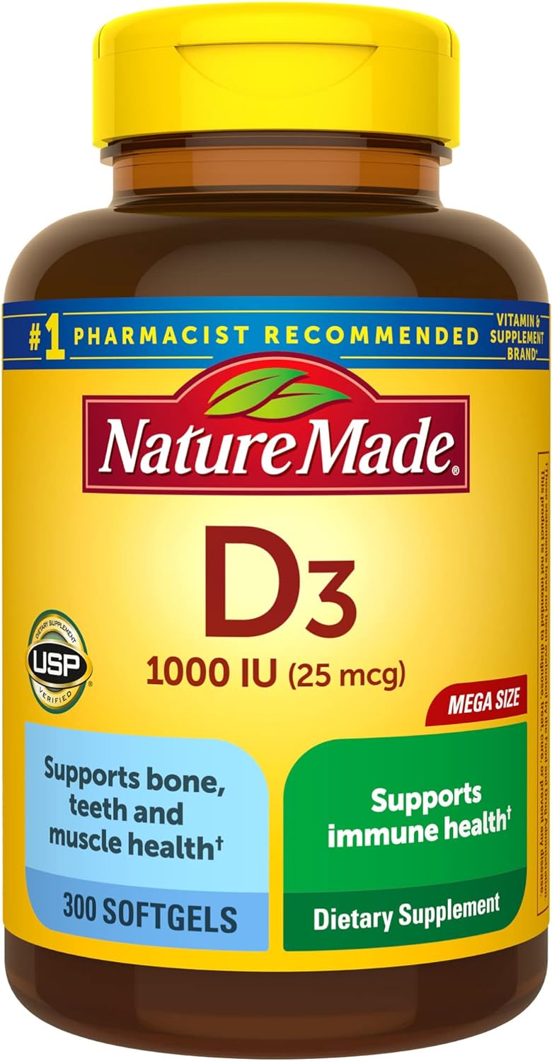 Nature Made Vitamin D3 1000 IU (25 mcg), Dietary Supplement for Bone, Teeth, Muscle and Immune Health Support Softgels, 30 Day Supply