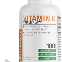 Vitamin K Triple Play (Vitamin K2 MK7 / Vitamin K2 MK4 / Vitamin K1) Full Spectrum Complex Vitamin K Supplement, 180 Capsules