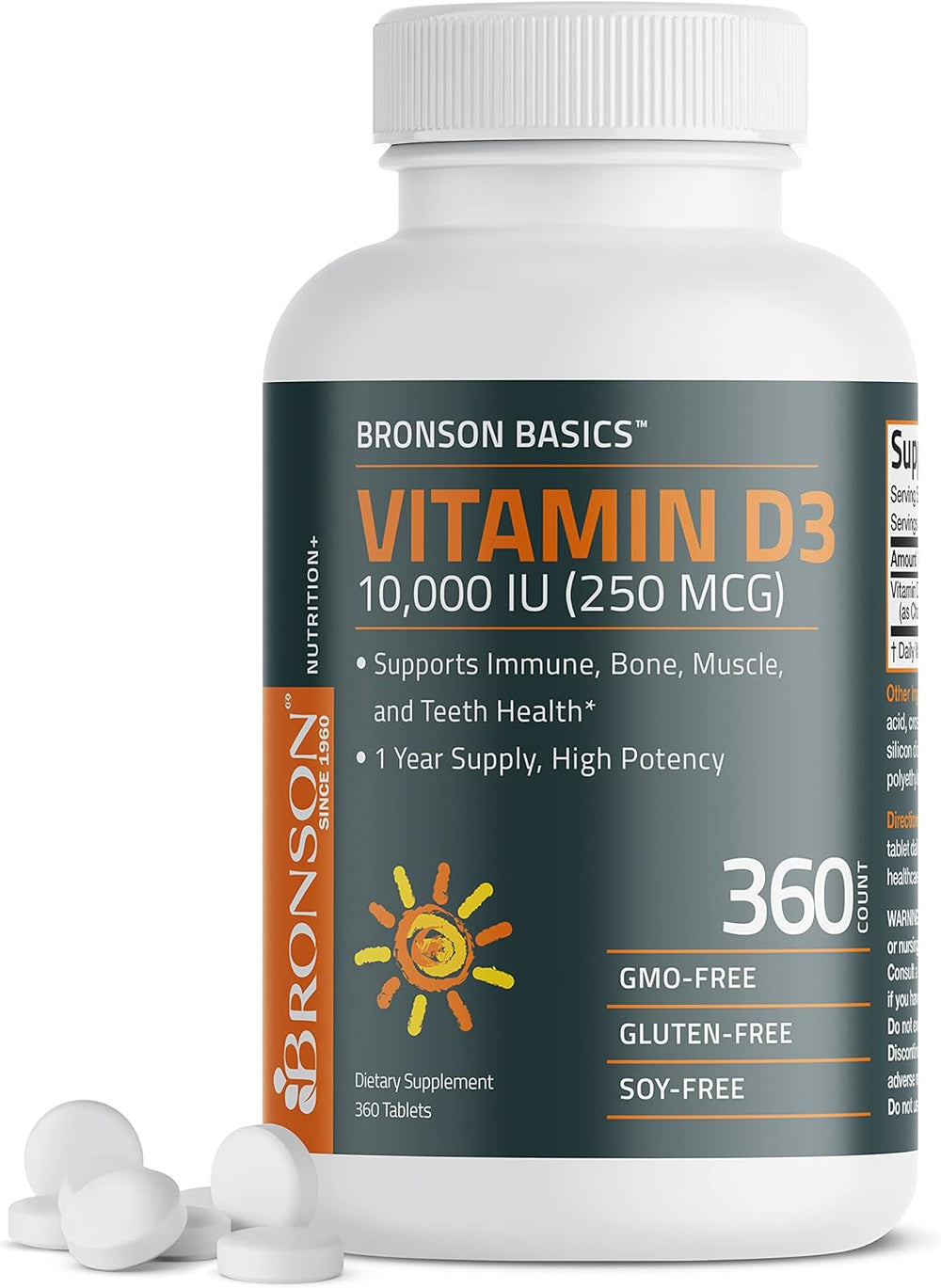 Bronson Vitamin D3 10,000 IU (250 MCG) 1 Year Supply for Healthy Muscle Function and Immune Support, Non-GMO, 360 Tablets