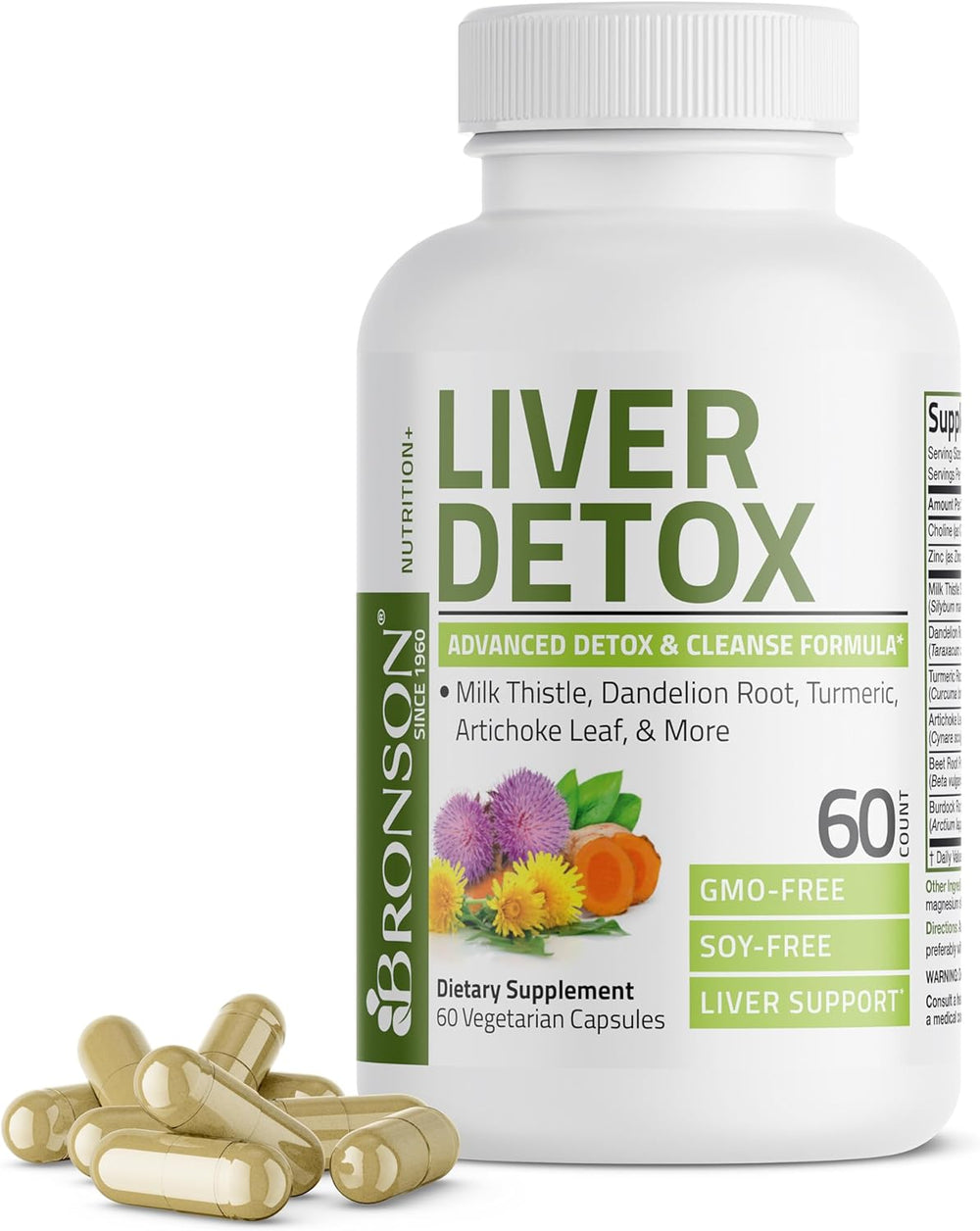 Bronson Liver Detox Advanced Detox & Cleansing Formula Supports Health Liver Function with Milk Thistle, Dandelion Root, Turmeric, Artichoke Leaf & More, Non-GMO, 60 Vegetarian Capsules DLC: Avril26