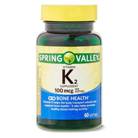 Spring Valley Vitamin K2 Supplement, Soft Gel Capsules, 100 Mcg, 60 Count