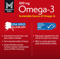 
              Member's Mark 600mg Omega-3 from Fish Oil with 50 mcg Vitamin D3 Softgels, 200 ct.
            