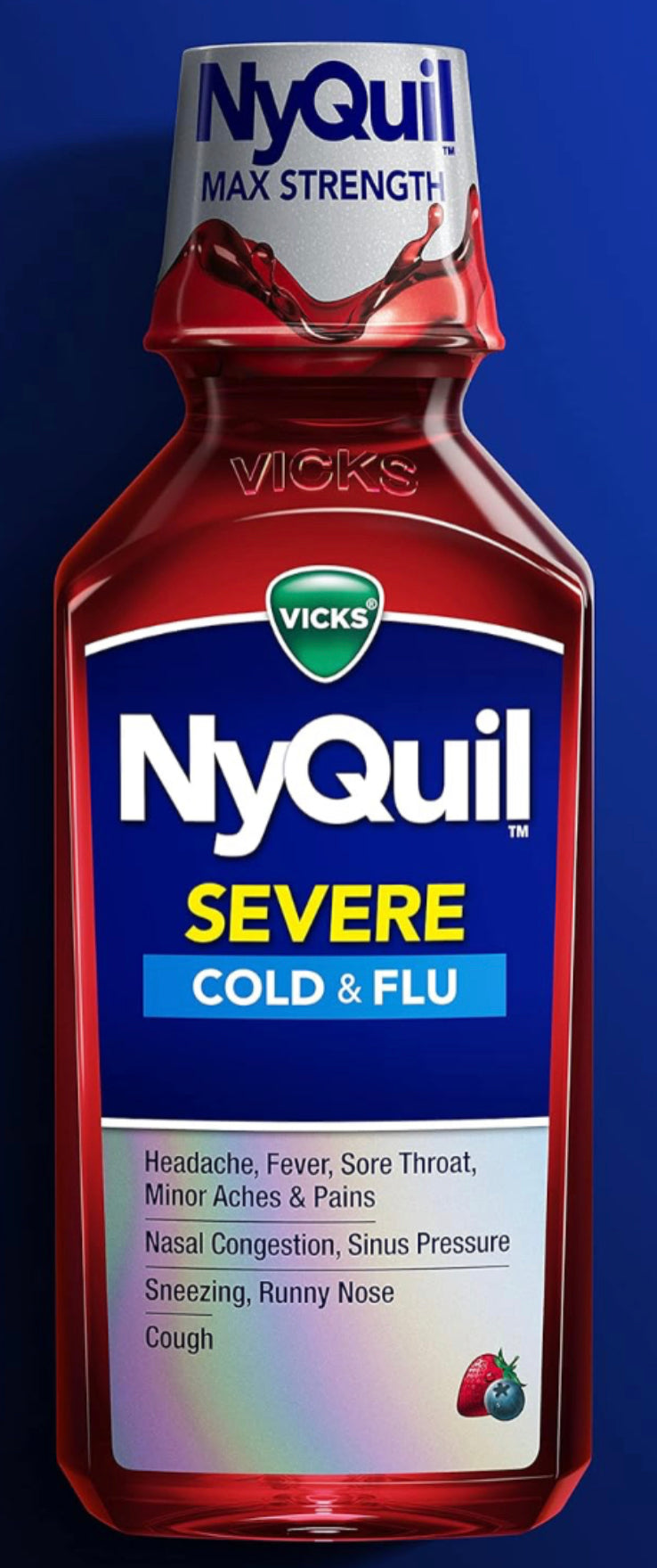 Vicks NyQuil Severe Cold and Flu Liquid, Nighttime Cold and Flu Medicine for Adults, Berry, 8 Fl oz DLC: 01/2026