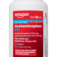 Amazon Basic Care Acetaminophen PM Caplets, Pain Reliever Plus Nighttime Sleep Aid, Extra Strength, Helps Occasional Minor Aches, Pains and Headache Relief, 100 Count,*MCI*