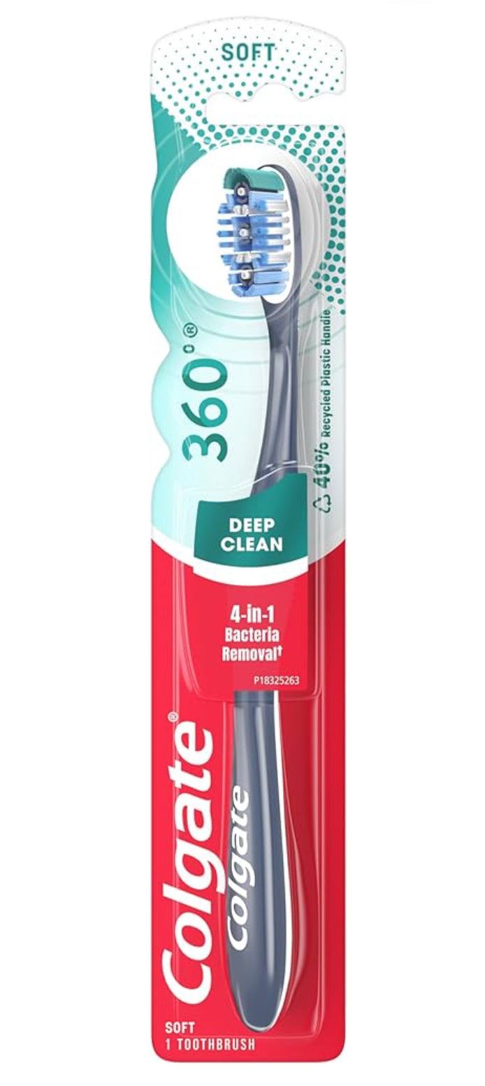 Colgate Cepillo de dientes 360 con limpiador de lengua y mejillas, cepillo de dientes suave