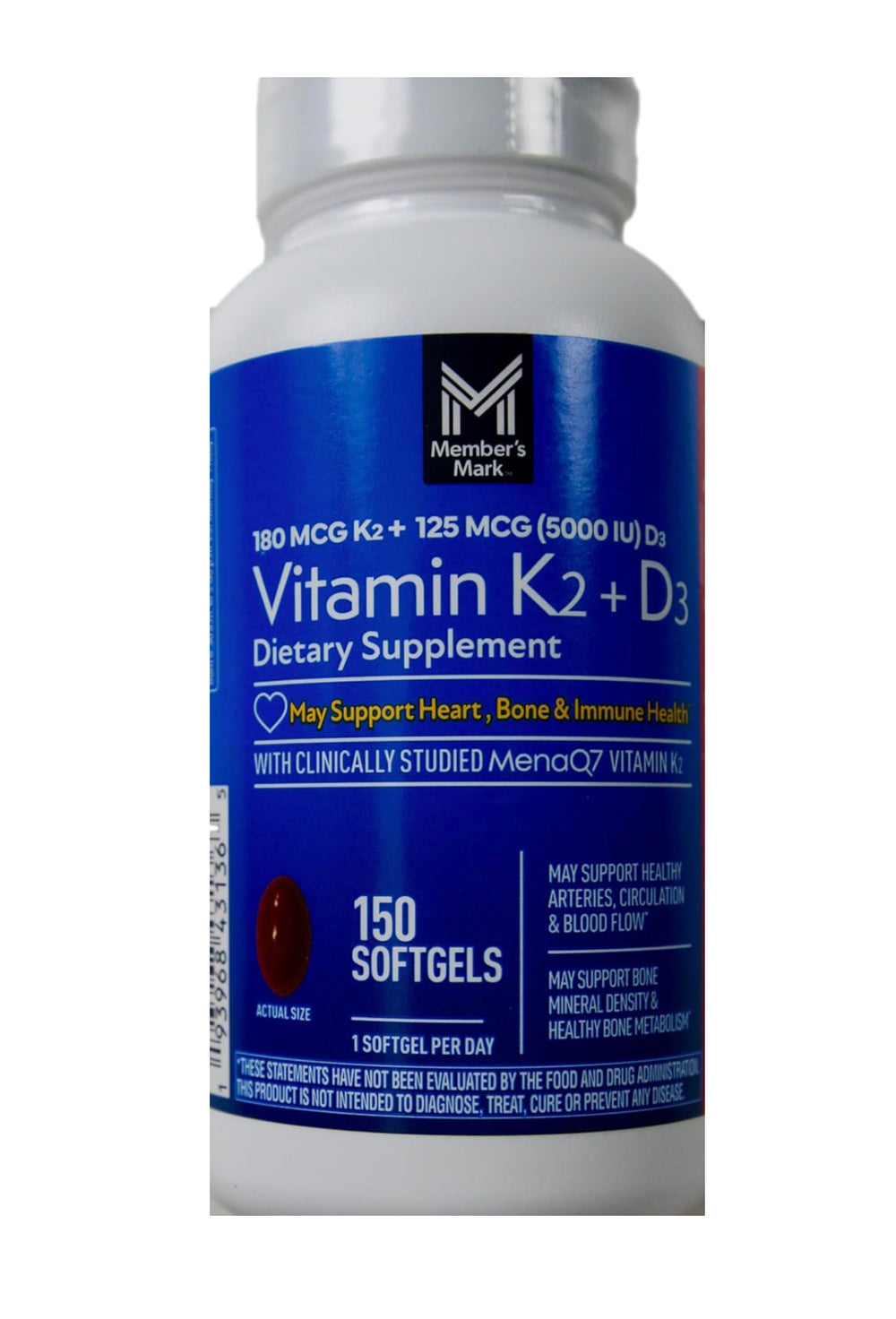 Member's Mark Vitamin K2 180 MCG + D3 125 MCG, 150 Softgels DLC: 07/2026