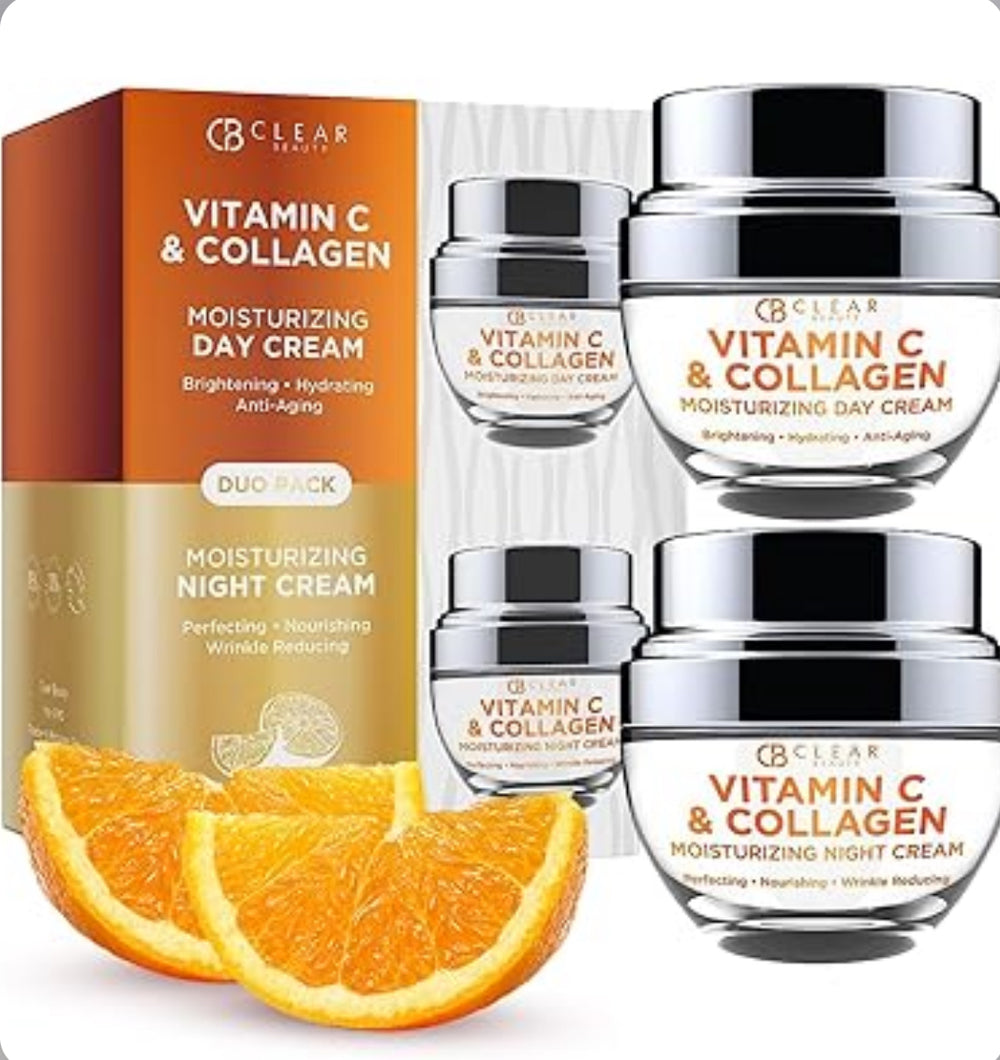 Clear Beauty Vitamin C & Collagen Day/Night Moisturizer - Restore & Brighten Skin Tone, Moisturizing, Firming Anti-Aging Cream - Korean Skin Care Duo Set Value Pack 50 ml