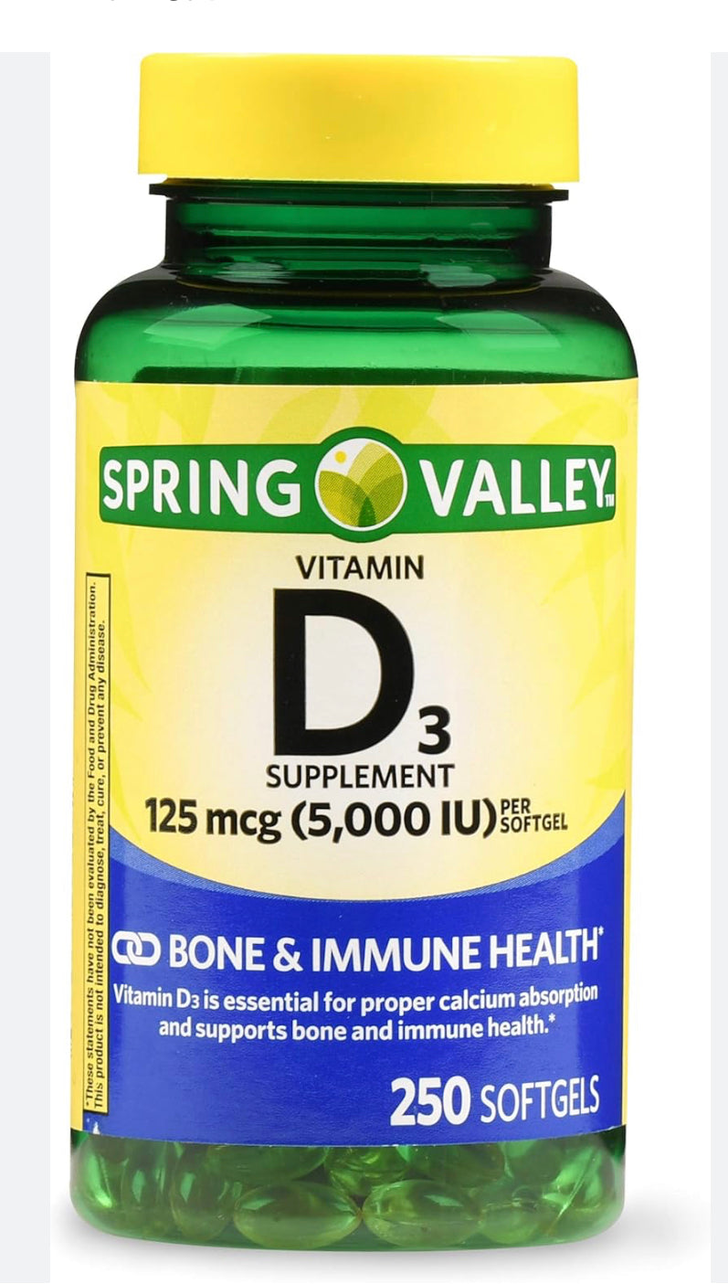 Spring Valley Vitamin D3 Supplement, 250 mcg (2,000 IU), 22Count DLC: 08/2027