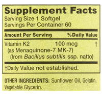 Spring Valley Vitamin K2 Supplement, Soft Gel Capsules, 100 Mcg, 60 Count