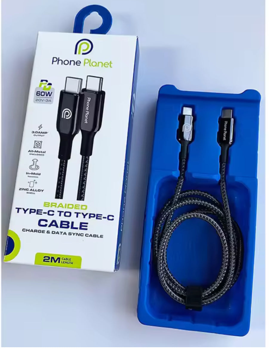 Phone Planet Type C USB Cable USB C to USB C Mobile Phone Charger Cable 60W 100W Fast Charging Braided Data Cable