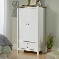 Sauder Cottage Road Engineered Wood Armoire in Soft White and Lintel Oak