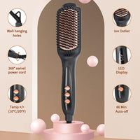 LANDOT Hair Straightener Brush Heated Straightening Brush: Rose Gold Negative Ion Hot Hair Brush for Smooth Frizz Free Hair - Ceramic Flat Iron Brush - Dual Voltage Fast Heating