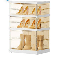 3 Tiers 3-6 Pairs Foldable Shoe Boxes Small Plastic Shoe Storage Rack Collapsible Shoe Organizer For Closet Shoe Shelf Clear Stackable Quick Assembly Floor Storage Cabinet With Doors