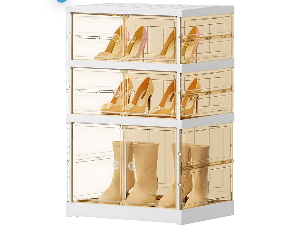 3 Tiers 3-6 Pairs Foldable Shoe Boxes Small Plastic Shoe Storage Rack Collapsible Shoe Organizer For Closet Shoe Shelf Clear Stackable Quick Assembly Floor Storage Cabinet With Doors