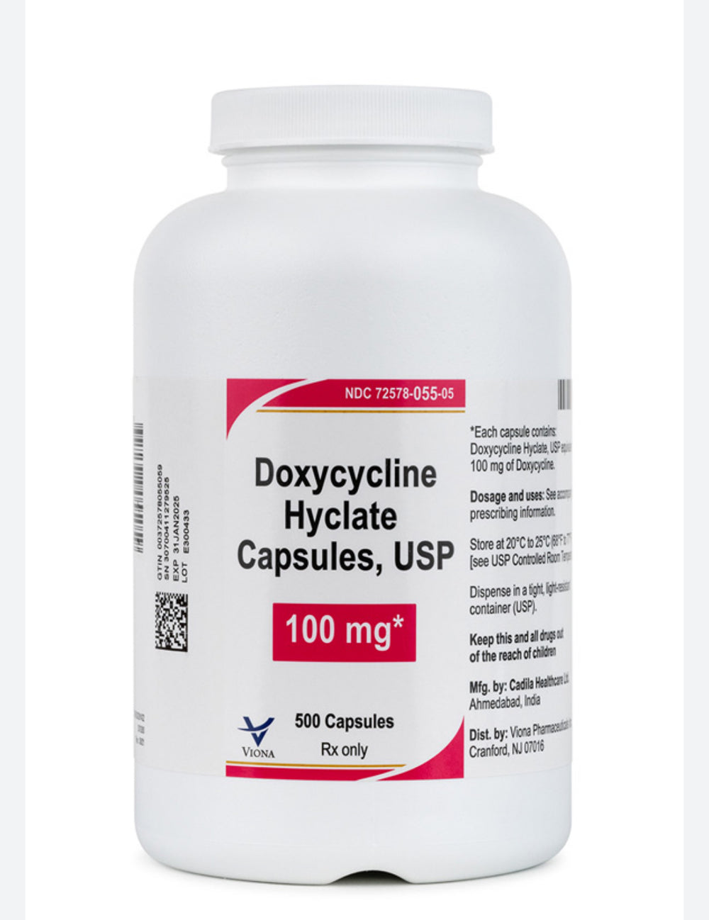 Doxycycline Hyclate Capsules USP 100 mg 500 capsules DLC: Juillet26