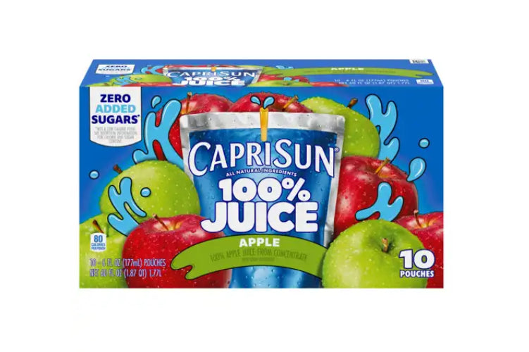 Capri Sun 100% Juice, Apple, 10 - 6 Fl Oz (177 Ml) Pouches [60 Fl Oz (1.87 Qt) 1.77 L] DLC: 17 Fev25