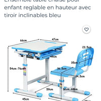 Ensemble table et chaise pour enfant Réglable en Hauteur avec Tiroir Inclinable, en MDF+PP, Facile à Nettoyer, Bleu