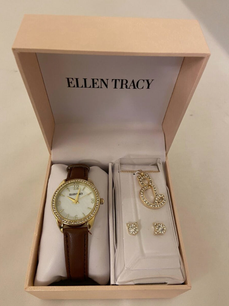 Ellen Tracy Watch Necklace Earrings Gift Set. NEW