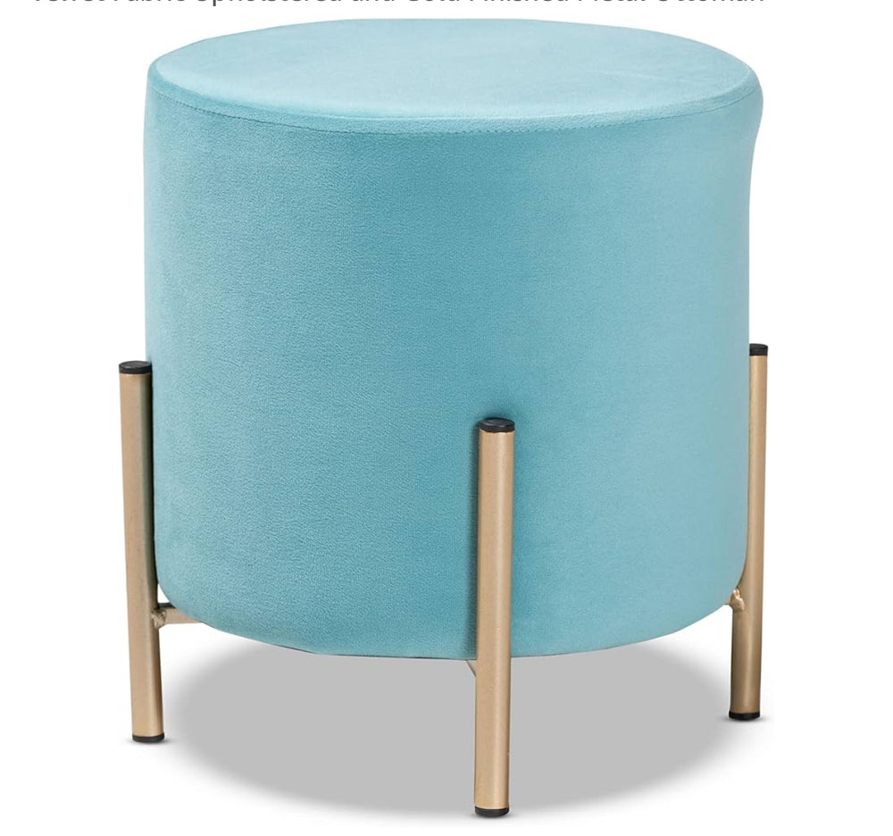 Thurman Velvet Metal Ottoman Blue/Gold - Baxton Studio