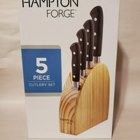 HAMPTON FORGE 5-Piece Cutlery Set w/ Slim Hardwood Knife Block Kitchen BRAND NEW