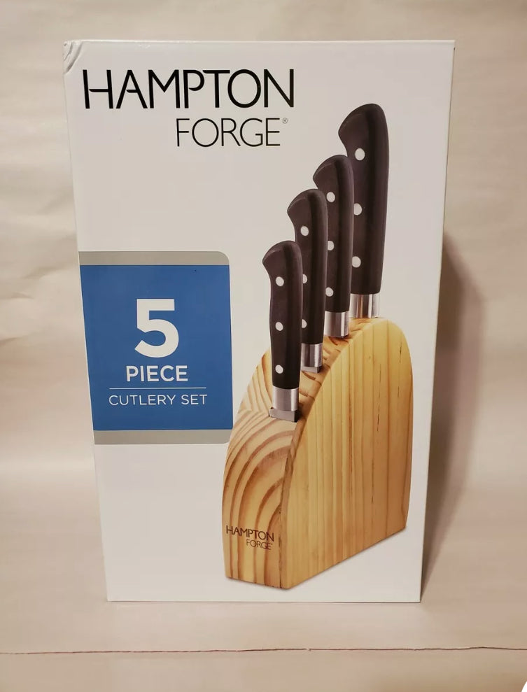 HAMPTON FORGE 5-Piece Cutlery Set w/ Slim Hardwood Knife Block Kitchen BRAND NEW