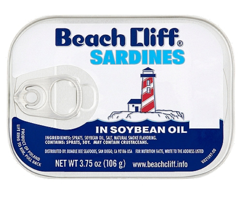 Beach Cliff, Sardinas en aceite de soja, lata de 3.75 Oz (106 g) DLC: Août25