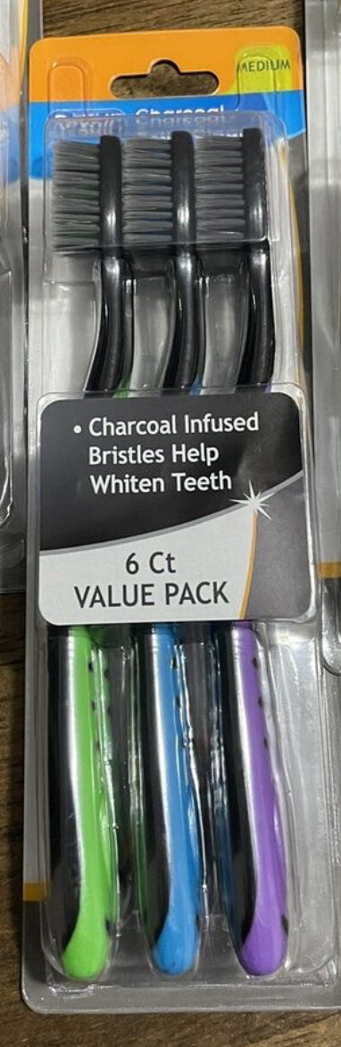 Charcoal Infused Toothbrush  To Whiten Teeth 6 ct Value Packs (Medium)