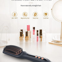 LANDOT Hair Straightener Brush Heated Straightening Brush: Rose Gold Negative Ion Hot Hair Brush for Smooth Frizz Free Hair - Ceramic Flat Iron Brush - Dual Voltage Fast Heating