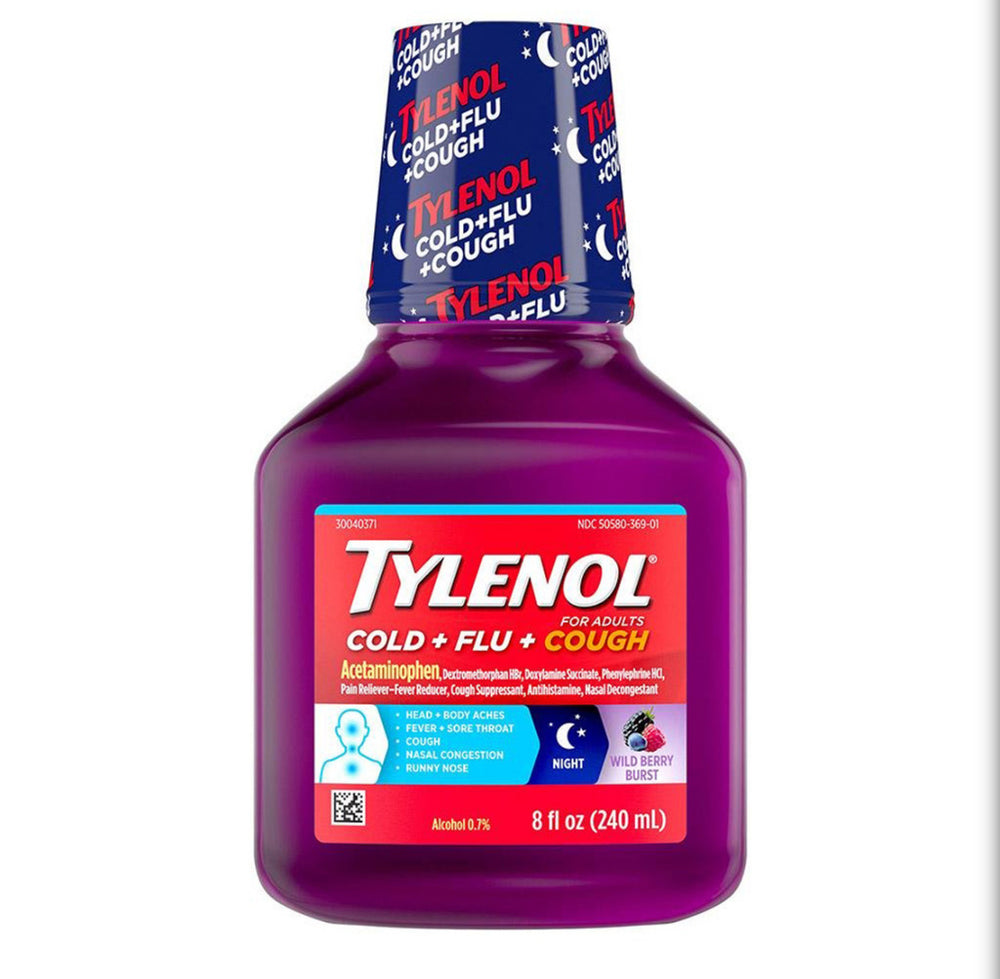 Tylenol Cold + Flu + Cough for Adults, Night Wild Berry Burst - 8 oz (240 mL) DLC: Mars25