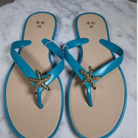 Women's Sandals Flats Size 8/9 Medium▪︎Gold Starfish Blue Tan