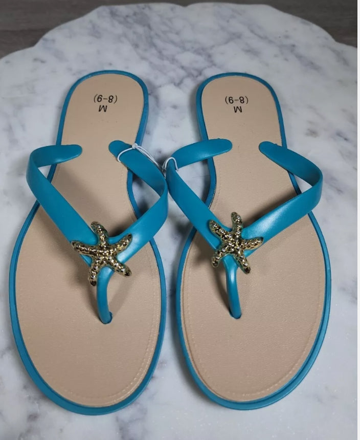 Women's Sandals Flats Size 8/9 Medium▪︎Gold Starfish Blue Tan