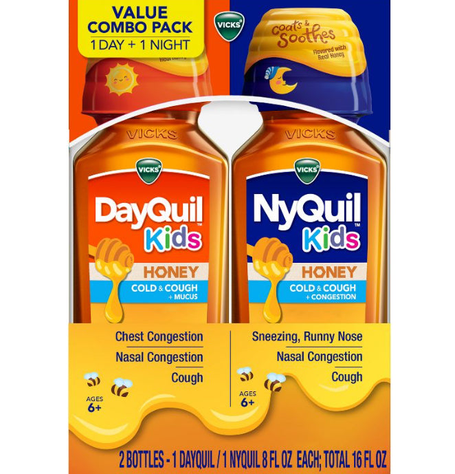 Vicks Kids DayQuil & NyQuil Honey Cold & Cough Medicine Liquid - 16 fl oz (473 mL) DLC: Juin25