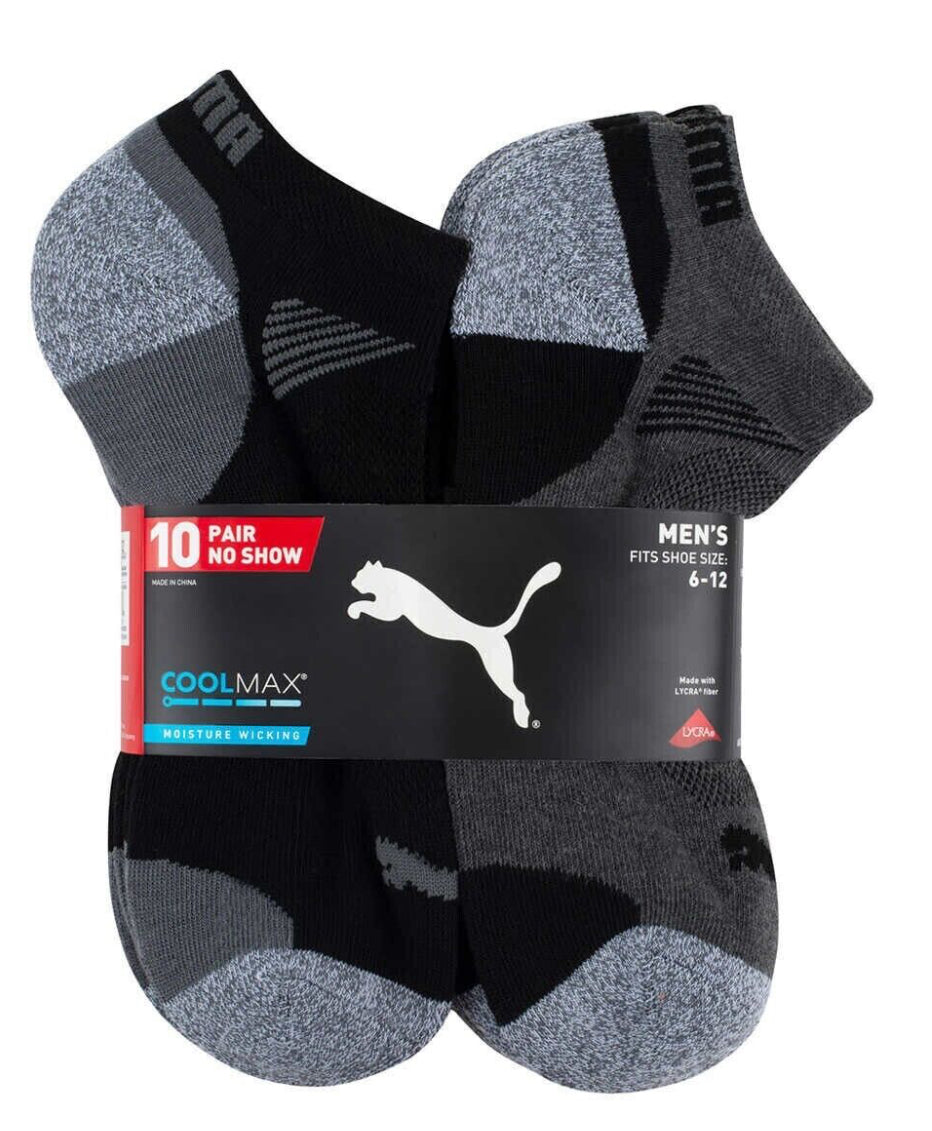 Puma Men's No Show Socks Coolmax 10 Pairs, Black / Gray, Shoe Size 6-12