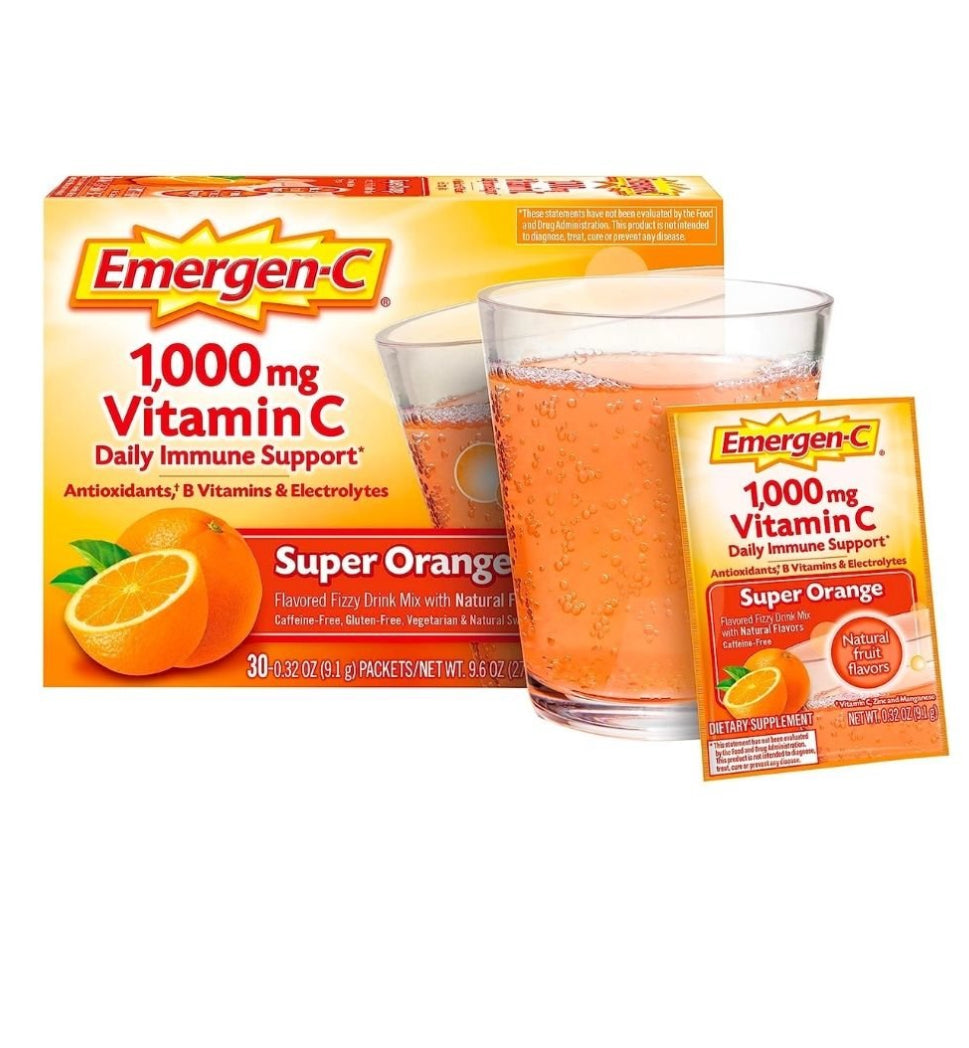 Emergen-C 1000 mg Vitamine C en poudre , avec zinc et manganèse, vitamines B et électrolytes, saveur super orange – 10 sachets