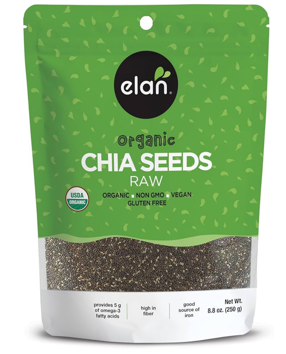 Elan Organic Chia Seeds, 8.8 oz, Natural Raw Black Chia Seeds, Plant-Based, Non-GMO, Vegan, Gluten-Free, Kosher, Gels Easily, Superfood 250g