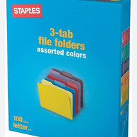 TRU RED 875429 Colored Top-Tab File Folders 3 Tab 5 Color Asst Letter Size 100/Pk