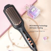 LANDOT Hair Straightener Brush Heated Straightening Brush: Rose Gold Negative Ion Hot Hair Brush for Smooth Frizz Free Hair - Ceramic Flat Iron Brush - Dual Voltage Fast Heating