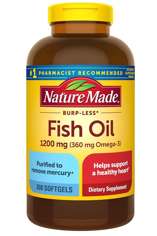 Nature Made Aceite de pescado sin eructos de 1200 mg, 300 cápsulas blandas, suplemento de aceite de pescado Omega 3 DLC: Oct26